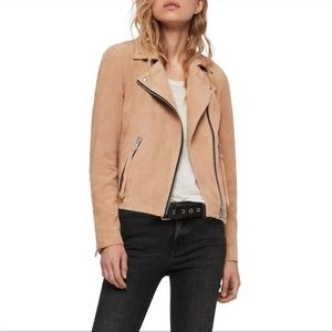 All Saints Dalby Suede Leather Biker Moto Jacket in Honey Tan